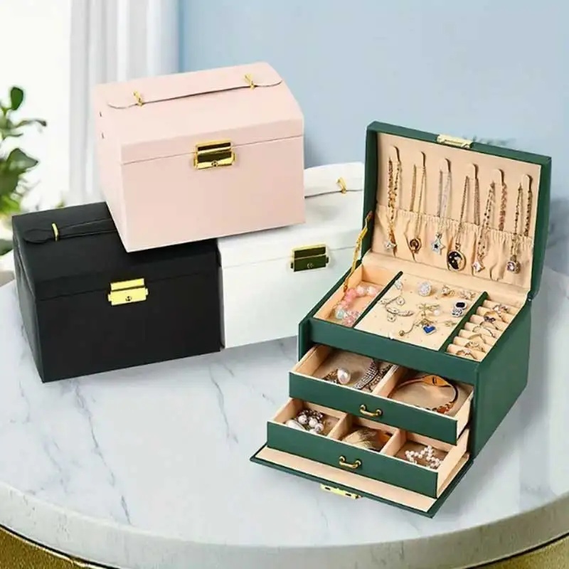Three Drawer PU Leather Jewelr - Lockbox Key Secure review and price
